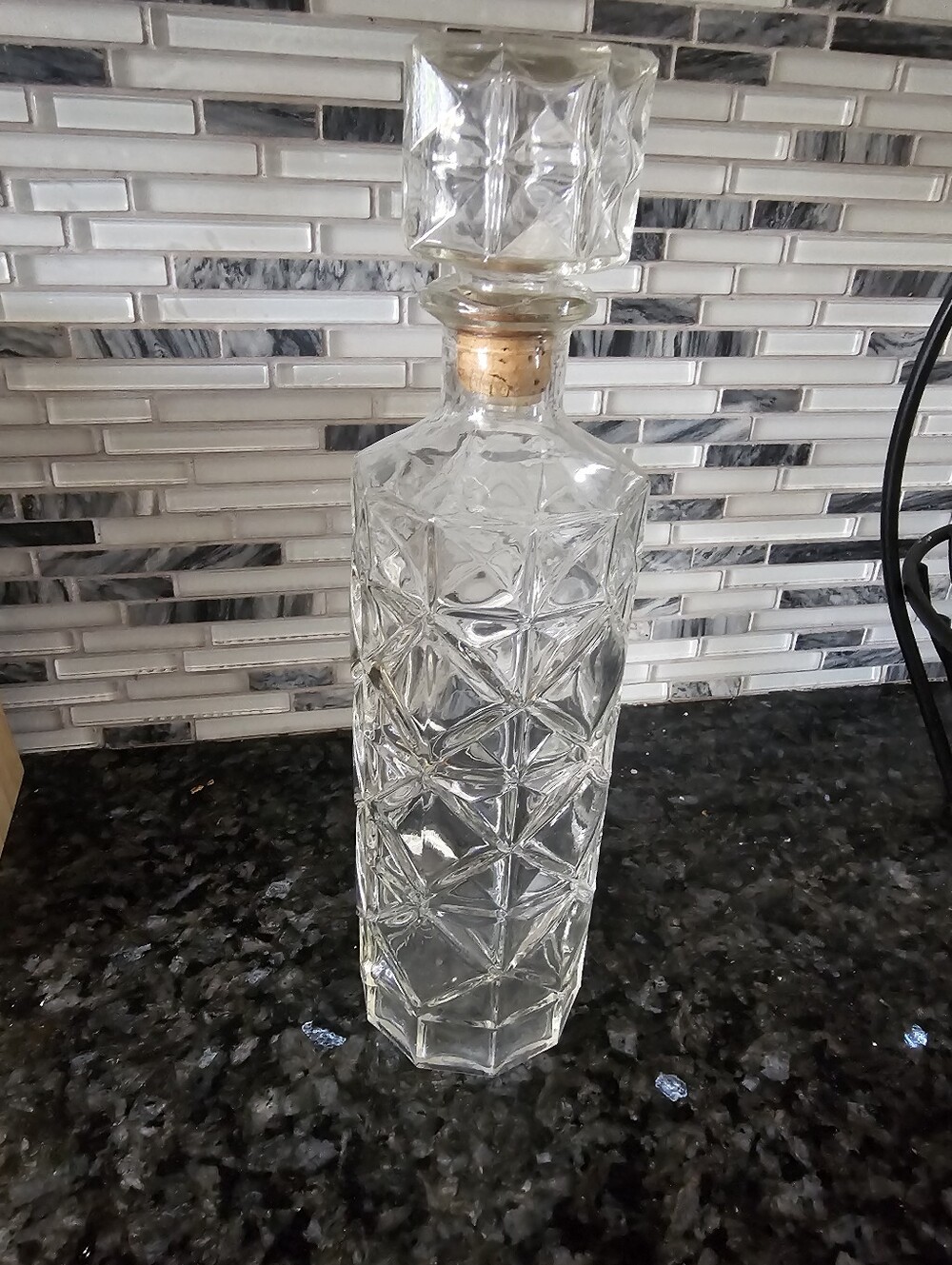 Vintage Faceted Glass Whiskey Decanter with Stopper - Clear Crystal Look